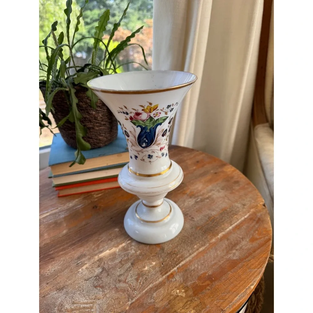 Antique 19thC Bohemian French Opaline Milk Glass Footed Vase Hand Painted Floral